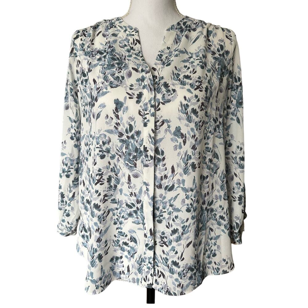 NYDJ Pintuck  Floral Sheer Long‎ Sleeve Blue and WHite Blouse sz XS oversized
